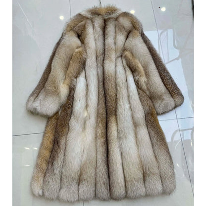 2025 Winter Warm Long Coat Luxury True Fox Leather Coat Women's Fluffy Striped Extra Long Fox Fur Coat