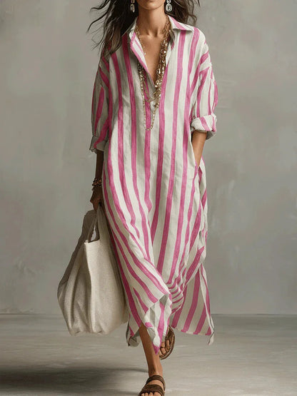 2026Spring Summer Casual Elegant Turn Down Collar Breathable Dress For Women Party Dress Boho Striped Printed Loose Beach - Kimlud