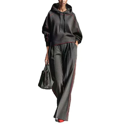 Women's Contrast Stitching Hooded Sweatshirt Wide Leg Pants Sports suit Vintage striped hoodie casual 2pcs Outfit New...