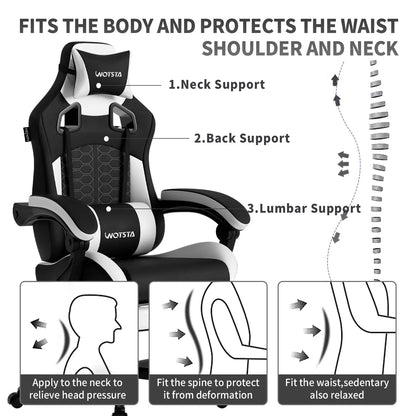WOTSTA Gaming Chair with Footrest, Lumbar Support, Adjustable Height, Swivel Seat, Headrest ,For Office or Gaming