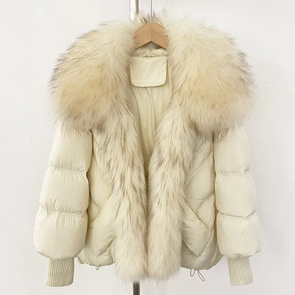 OFTBUY Large Real Raccoon Fur Jacket Knit Sleeve Real Fur New Winter Puffer Jacket Women White Duck Down Coat Oversized Feather
