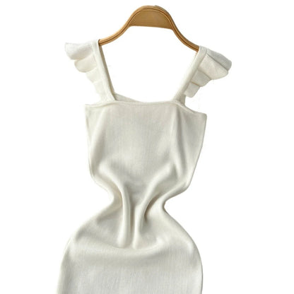Women's Square Neck Ruffle Strap Sleeveless Side Slit Stretchy Ribbed Knit Bodycon Maxi Dress Party Wedding Long Dress Outfits