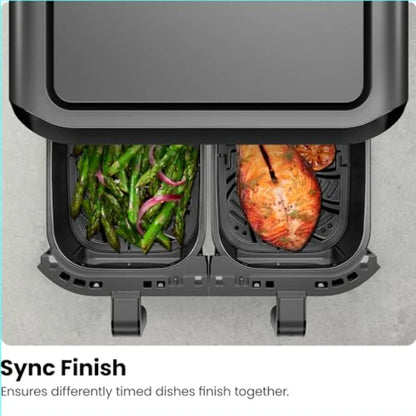 Dual Air Fryer with Double Basket Ccity for Healthy Meals One-Touch Digital Controls and Shake Reminder Stainless Steel Exterio
