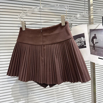 DEAT Trendy 2026 Autumn New Elegant Double Breasted Faux Woolen High-Waisted Pleated Skirt For Women A-line Skirts 11C320