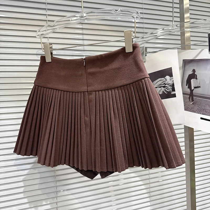 DEAT Trendy 2026 Autumn New Elegant Double Breasted Faux Woolen High-Waisted Pleated Skirt For Women A-line Skirts 11C320