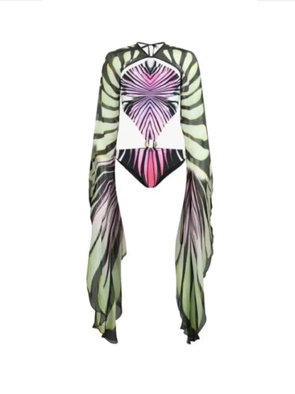 Butterfly Wing Print Jumpsuit Bodycon Skirt Sets Women Sexy Hollow Out Backless Irregular Long Sleeve Slim Jumpsuits...