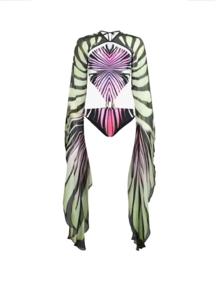 Butterfly Wing Print Jumpsuit Bodycon Skirt Sets Women Sexy Hollow Out Backless Irregular Long Sleeve Slim Jumpsuits...