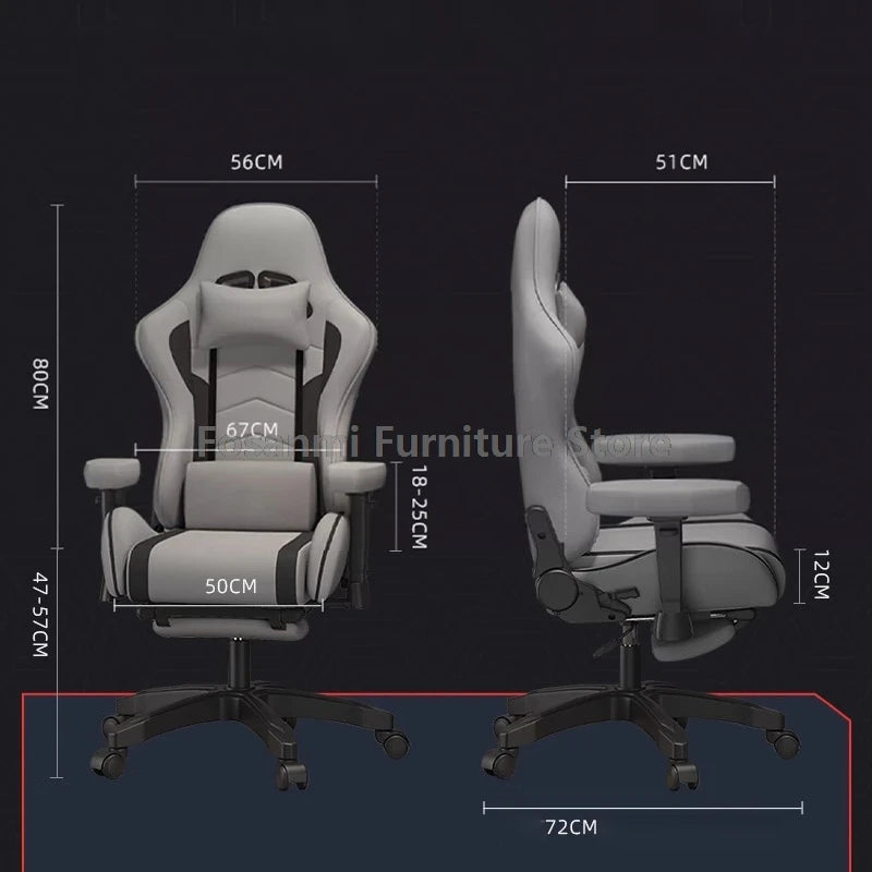Stylish Reclining Gray Leather Gaming Chair Home Office Ergonomic Desk Chair with Lumbar Pillow Adjustable Gamer Computer Chairs