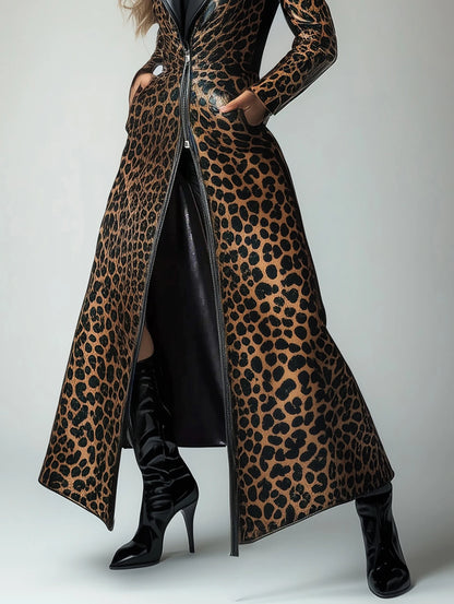 PU Leather Leopard Pattern Zipper Pocket Trench Coat