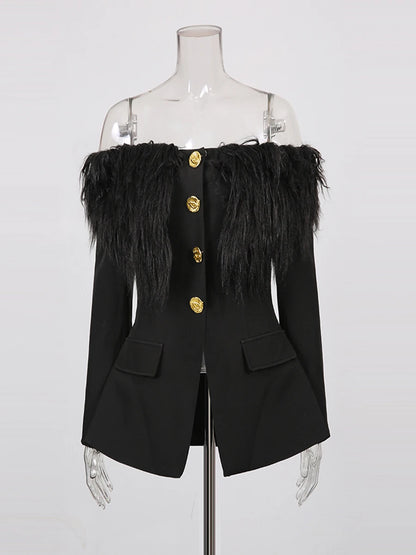 TWOTWINSTYLE Solid Slimming Spliced Metal Buttons Jackets for Women Slash Neck Long Sleeves Patchwork Fur Jacket Female Fashion - Kimlud