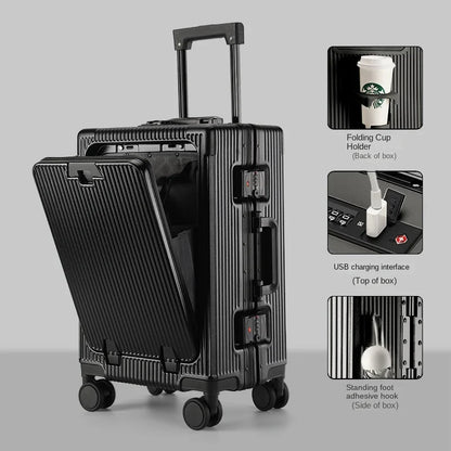 New Suitcase Front Opening Laptop Bag Aluminum  Frame Luggage with USB Port Password Trolley Case Travel Suitcases 20-28 inch