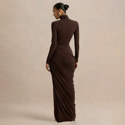 Slim Fit High Neck Pleated Dress with Slit Elegant Lady's Long Sleeve Dress Thick Material High Waist Bodycon Gown for Women - Kimlud