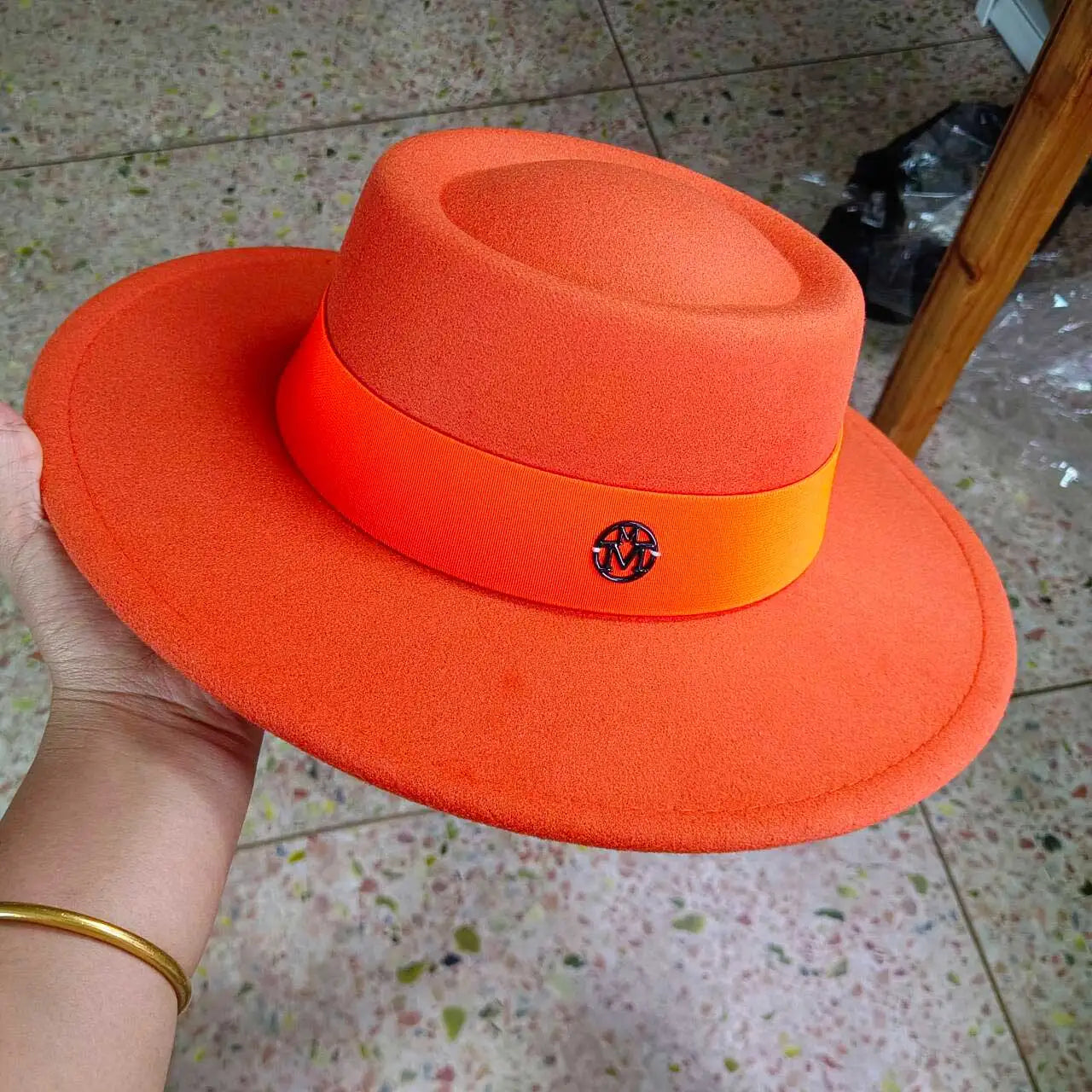 French felt hat Flat-top  Autumn and winter felt hats Letter accessories women's wide-brimmed hat sombrero fedora  sombrero