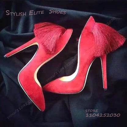 Purple Heel Tassel Suede Stiletto Feather Sandals Pointed Heels Women Hollow Pump Red Light Yellow Dance Fuchsia Cute...