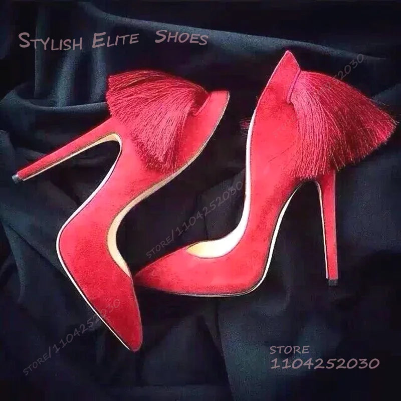 Purple Heel Tassel Suede Stiletto Feather Sandals Pointed Heels Women Hollow Pump Red Light Yellow Dance Fuchsia Cute...