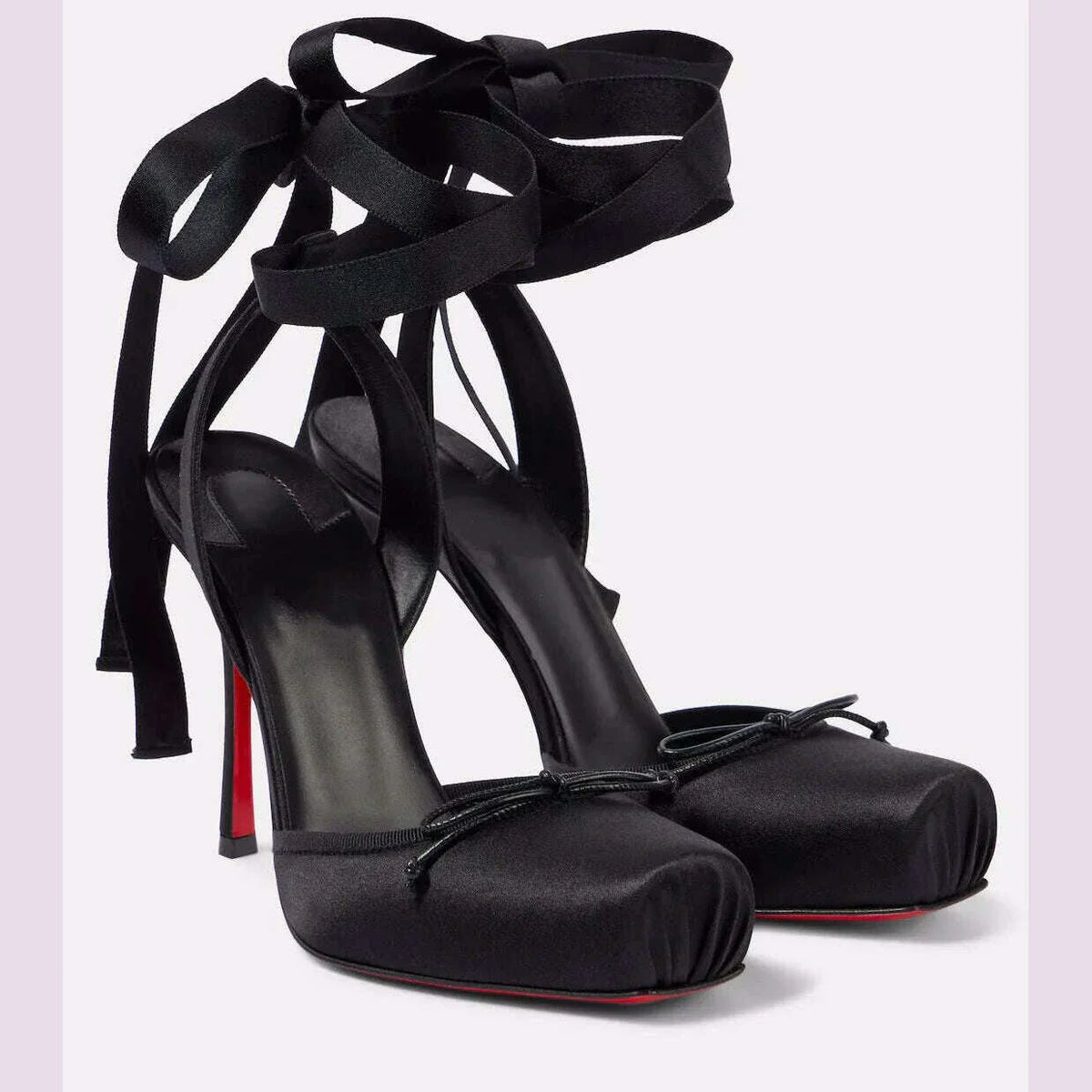 Balck Stain Lace Up Ballet Shoes Girl Pink Square Toe Bow Tie Stiletto Heel Ankle Strap Slingback Elegant Summer Sexy Pumps