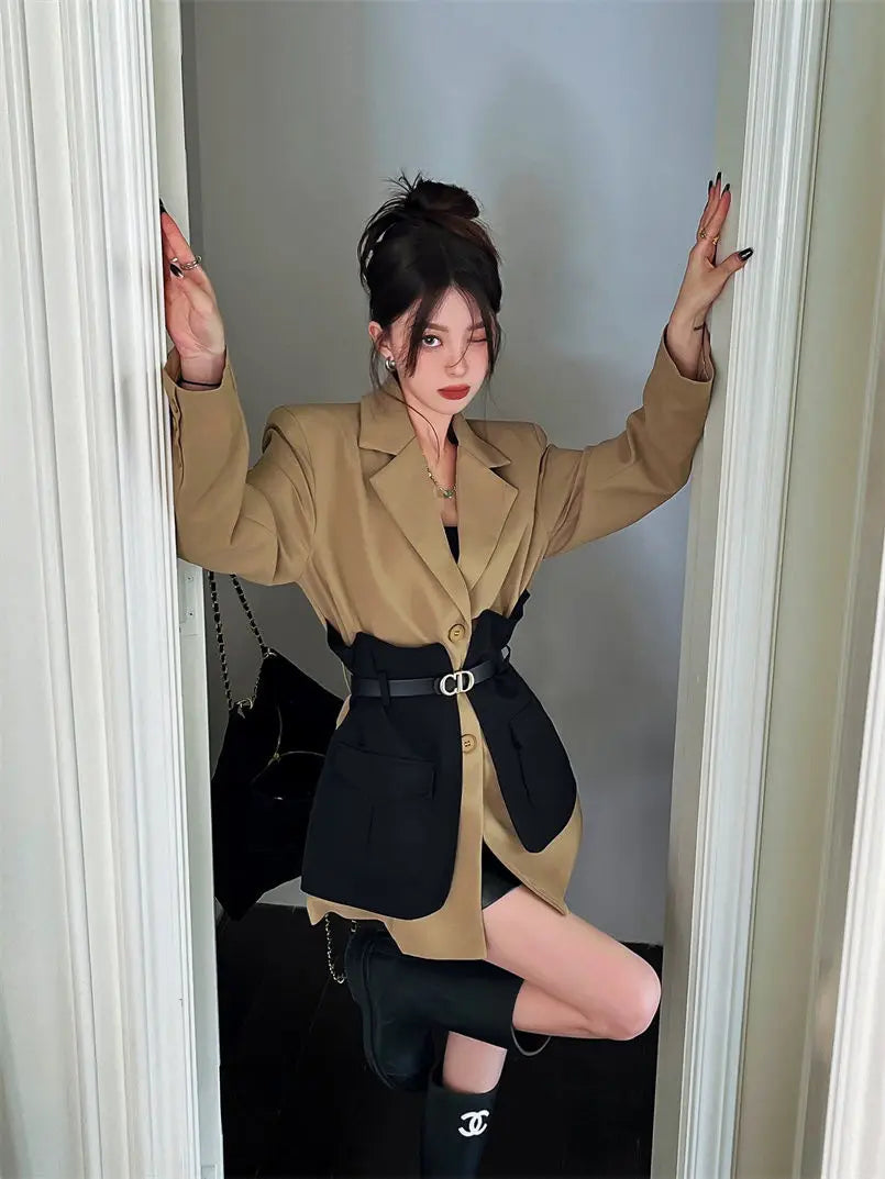 Original Design Blazer Women Fashion New Loose Spliced Pocket Korean Shrug Notched Single Breasted Blazer Mujer Femal...