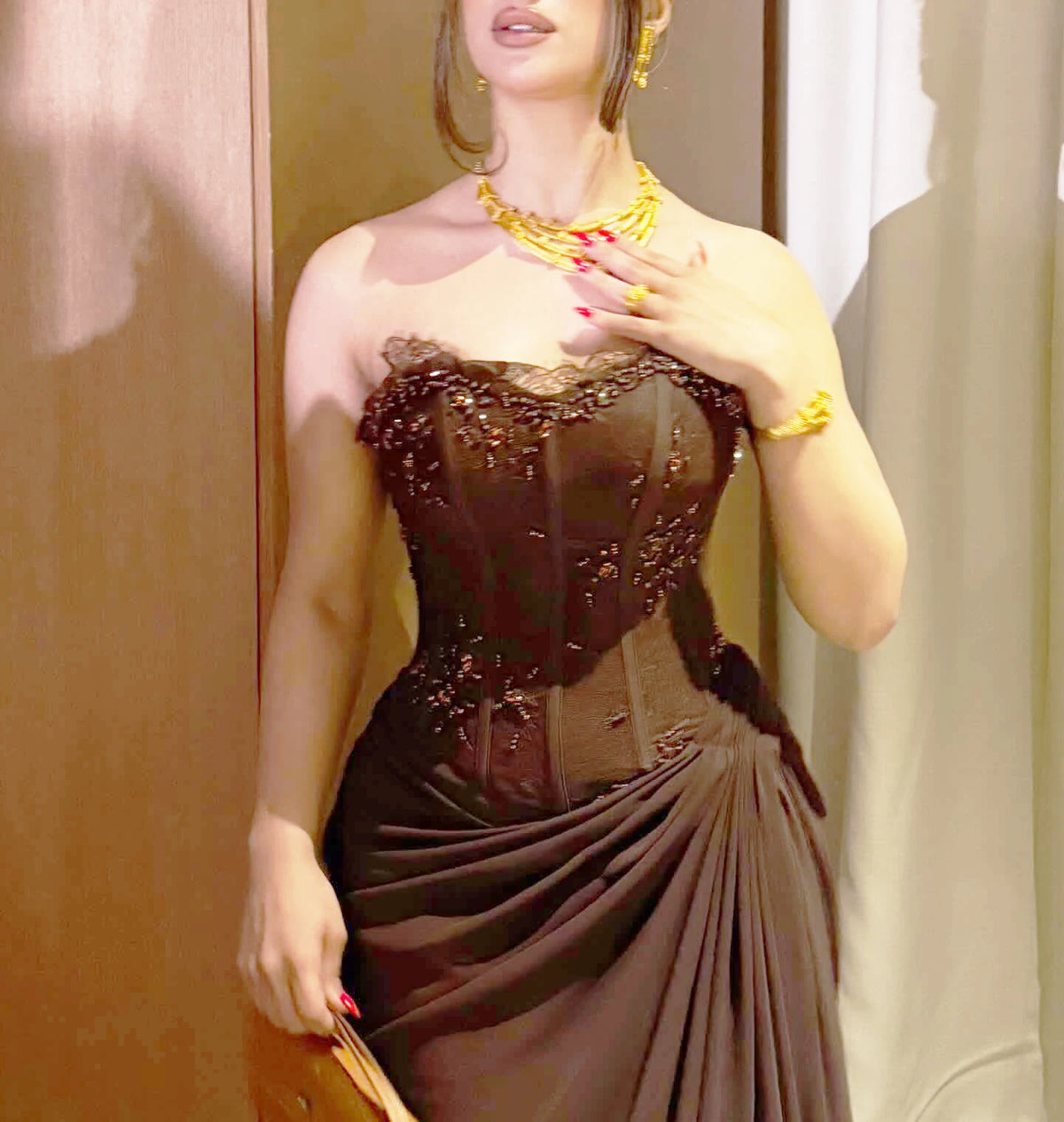 Ofherown Strapless Brown Corset Evening Dress Beaded Lace Trim Draped Chiffon Mermaid Custom Formal Prom Gown For Wedding Guest