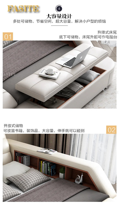 Genuine Leather Tech Smart  Multifunctional Beds Massage Modern Luxury Camas Upholstered With Bluetooth Speaker,Air Cleaner