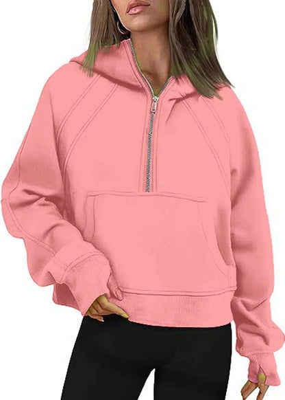 Half Zipper Hooded Short Plush Sweater, Casual Sports Sweater, New Fashion, Autumn, Winter, 2024 - Kimlud