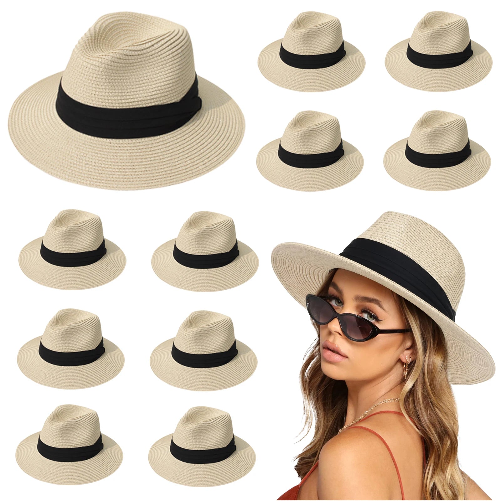 6-48PCS Straw Hat for Wedding 1920s Party Sombrero Straw Fedora Hats Panama Sun Summer Hat Beach Wedding Favors Men Women Trilby