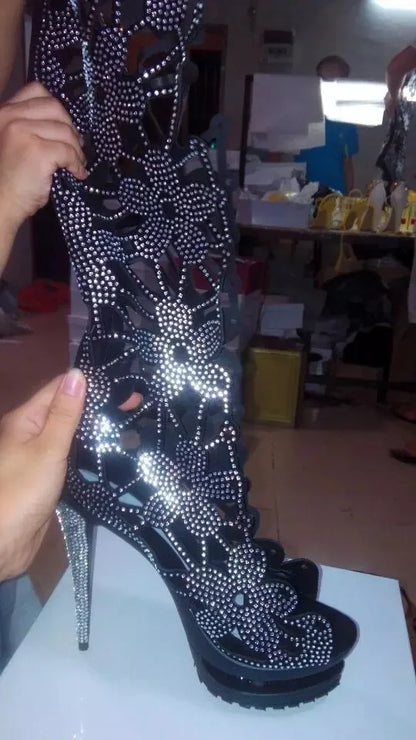 2026 Women's Rhinestone Hollow Out Knee High Boots, Peep Toe High Heel Sandals, Summer Mesh Gladiator Sandals, Crystal Stiletto