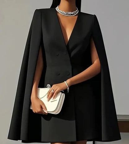 Women Dresses 2025 Spring Autumn New Commuting Double Breasted Shawl Cape Solid Color V-Neck Mini Dress Fashion Women's Clothing - Kimlud
