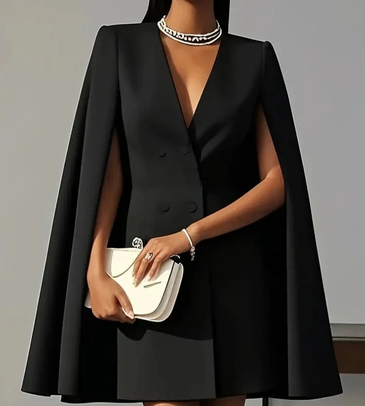 Women Dresses 2025 Spring Autumn New Commuting Double Breasted Shawl Cape Solid Color V-Neck Mini Dress Fashion Women's Clothing - Kimlud