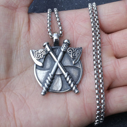 Retro Viking Double Axe Pendant Necklace For Women Men Silver Color Stainless Steel Box Chain Hip Hop Rock Neck Jewelry Gifts