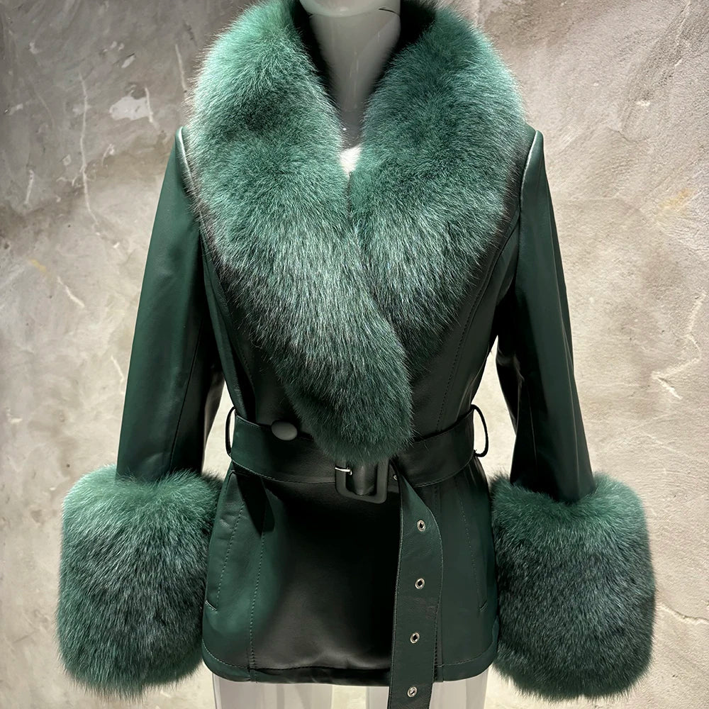 YOLOAgain Women's Real Fox Fur Collar Sheepskin Leather Jacket Coat Autumn 2024