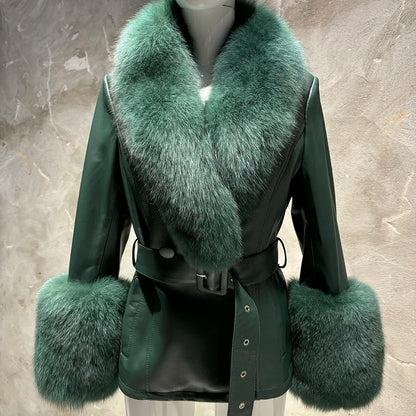 YOLOAgain Women's Real Fox Fur Collar Sheepskin Leather Jacket Coat Autumn 2024