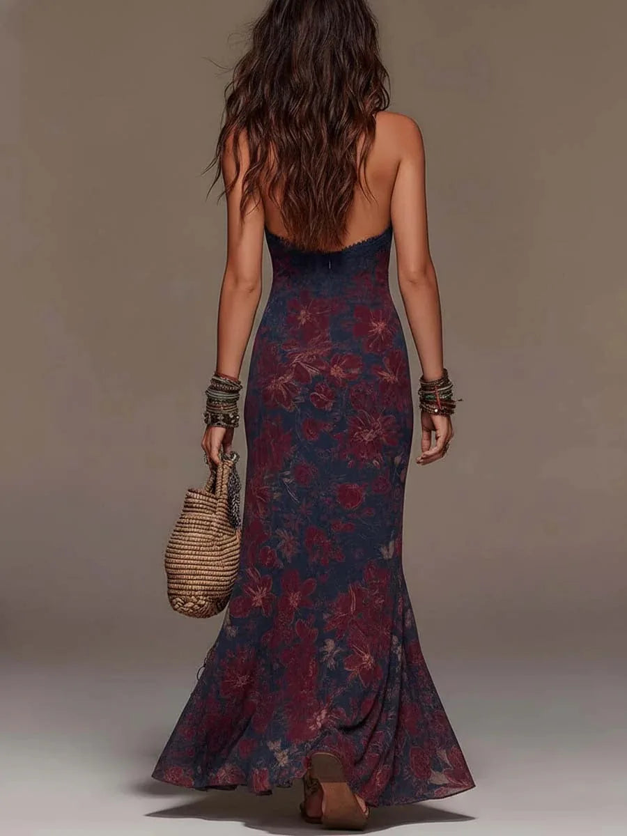 Halter Lace Patchwork Vintage Party Dress Women Summer Backless Print Elegant Maxi Dress 2026 Sleeveless Holiday Ladies...
