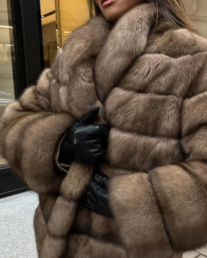 Fashion Patchwork Faux Fur Coat Women Casual Full Sleeve Lapel Loose Long Staple Plush Jacket 2025 New Winter Street Wear New