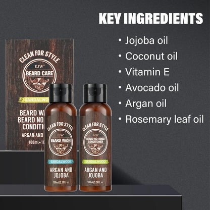 Beard Care Set, Sandalwood Beard Shampoo and Beard no-rinse conditioner- Softens & Strengthens Beard, with Argan and Jojoba Oil