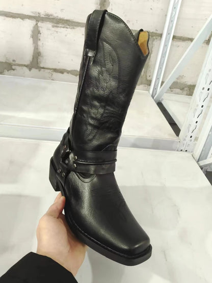 2023 New Western Cowboy Boots Black Brown Faux Leather Winter Shoes Retro Men Boots Embroidered Men Mid-calf Boots Size 48 Botas
