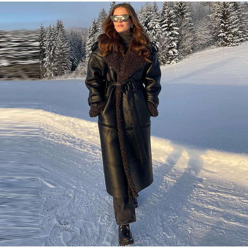 Vintage Patchwork Fur Leather Coats Women Lapel Lace Up Long Sleeve Thicken Warm Jacket 2025 Winter Lady New Streetwear Overcoat