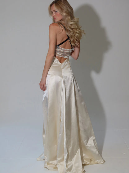 Ofherown Ivory Satin Evening Gown for Women Crystal Beaded Corset Bow A-Line Formal Gala Prom Dress 2026