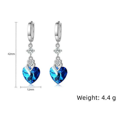 925 Sterling Silver Earrings Blue Crystal Heart-Shaped Zircon Earrings For A Woman'S Engagement Charm Jewelry Gift