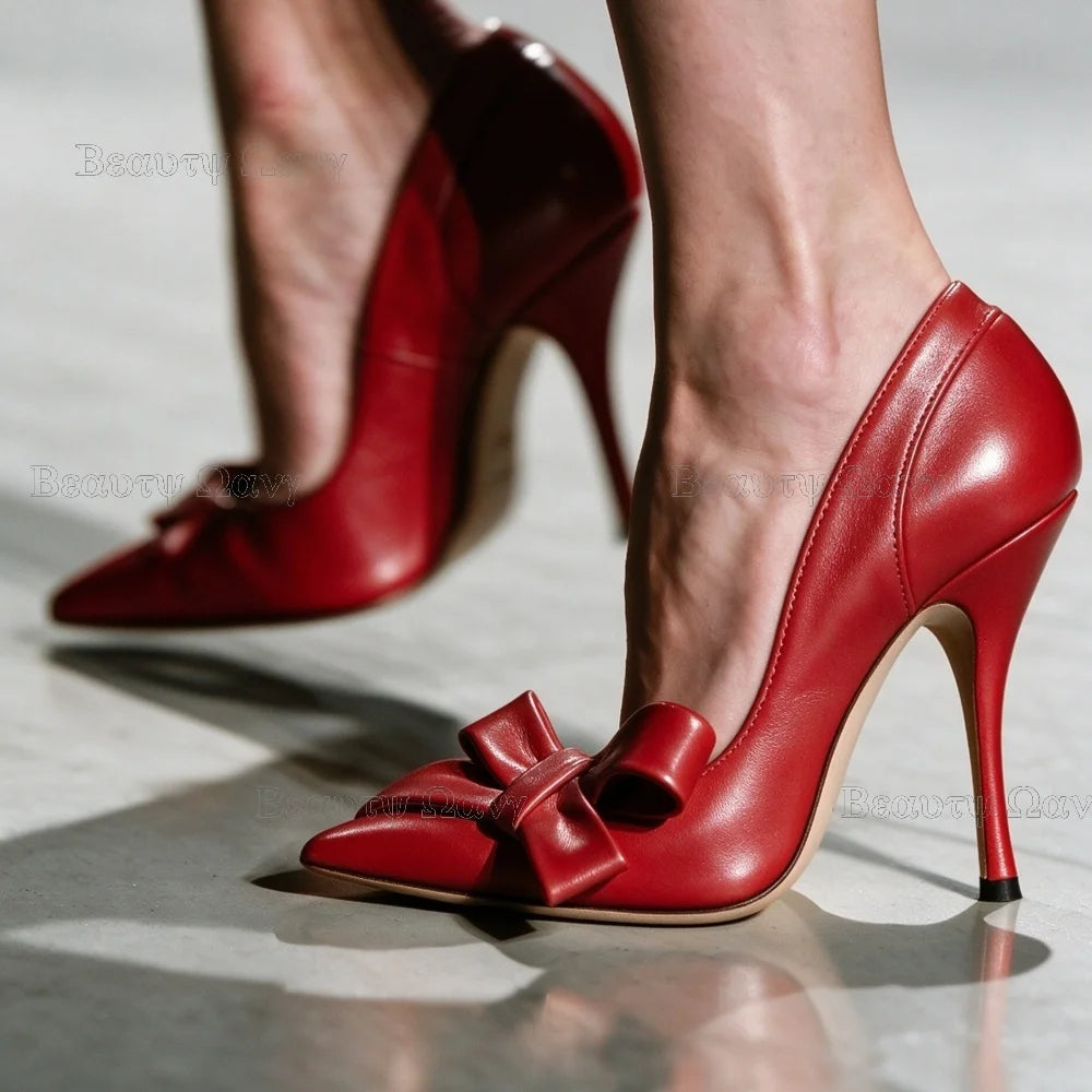 Red Bow Knot Pumps Pointed Toe Women Shoes Solid Slip on Thin High Heel Shoes for Girls Zapatos Para Hombres