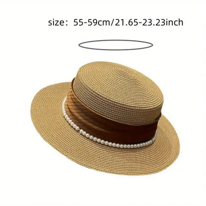 2025 Summer Elegant Pearl Chain Flat Sun Hats for Women Chapeau Feminino Straw Hat Panama Wide Brim Anti-UV Beach Cap...