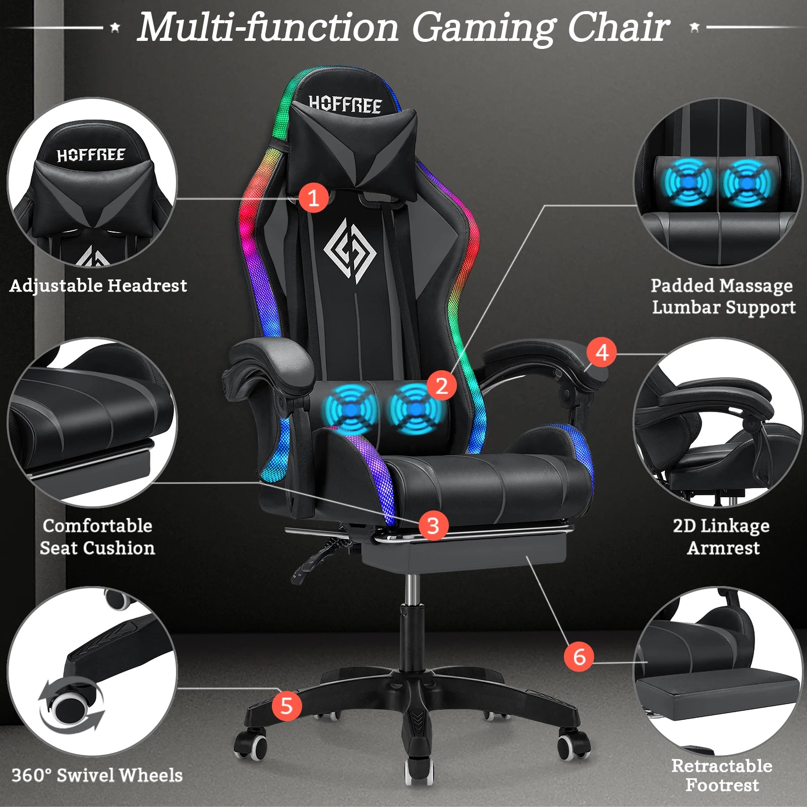 Gaming Chair Massage with LED RGB Lights and Footrest Ergonomic Computer Chair High Back Video Game Chair with Adjustable Lumbar