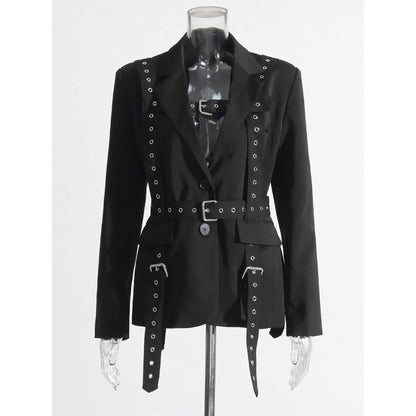 Women's Solid Color Temperament Suit Jacket 2025 Autumn Notched Single Breated Belted Slim Biker Motor Style Casual Blazer