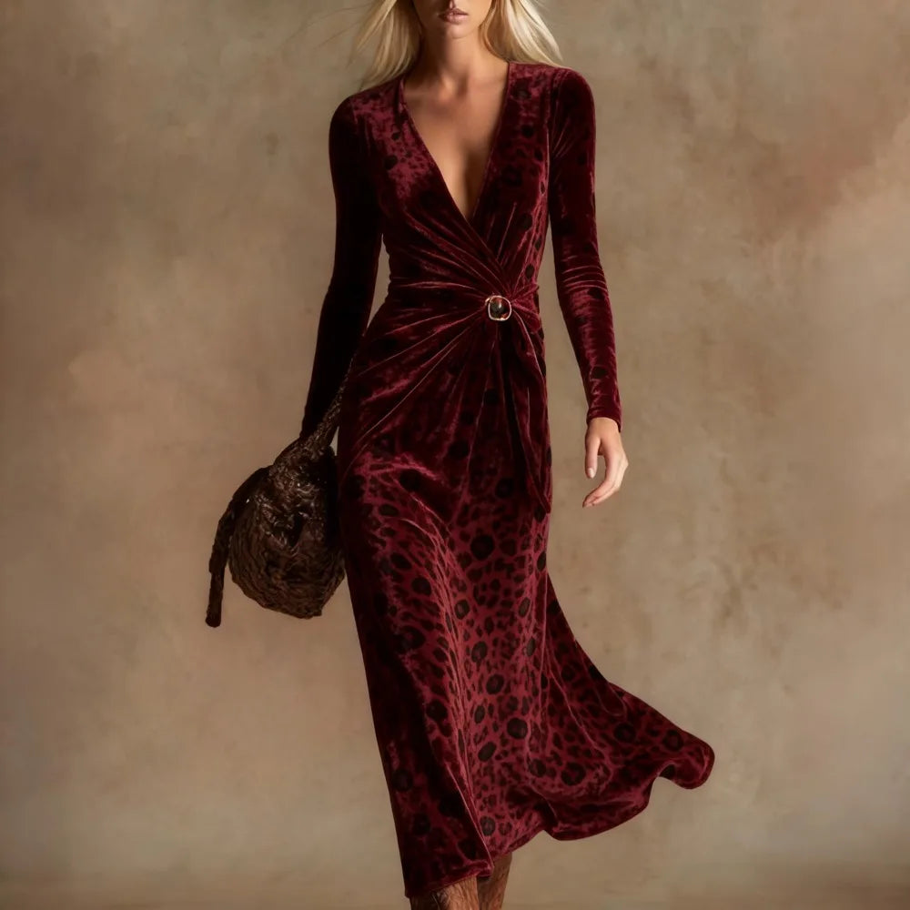 Sexy Leopard Print Velvet Maxi Dress Women Long Sleeve V Neck Twist Front Elegant Cocktail Party Dress Vacation Evening Dress