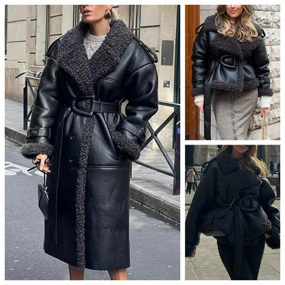 Faux Fur Leather Long Jacket Women Lapel Long Sleeve Belt Thicken Female Coats Winter Fashion Street Patchwork Lady Outwear
