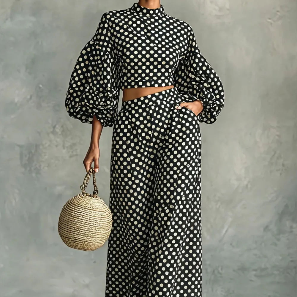 Loose Polka-dot Trousers Suit Autumn Winter Elegant Street Style Lantern Sleeve Long-sleeved Top Wide-leg Trousers Two-piece Set