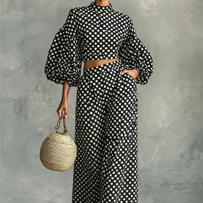 Loose Polka-dot Trousers Suit Autumn Winter Elegant Street Style Lantern Sleeve Long-sleeved Top Wide-leg Trousers Two-piece Set