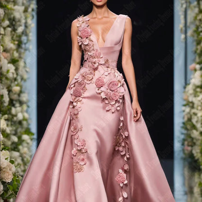 2025 Elegant Evening Dresses A Line 3D Flowers Sleeveless Formal Princess Party Gowns V-Neck Customized Satin Vestidos De Noche