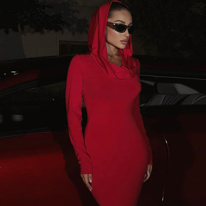 Hooded Solid Color Long-sleeved Slim Dress Autumn Winter Women's New Fashion Long Dress Elegant Party Dresses Платье Женское