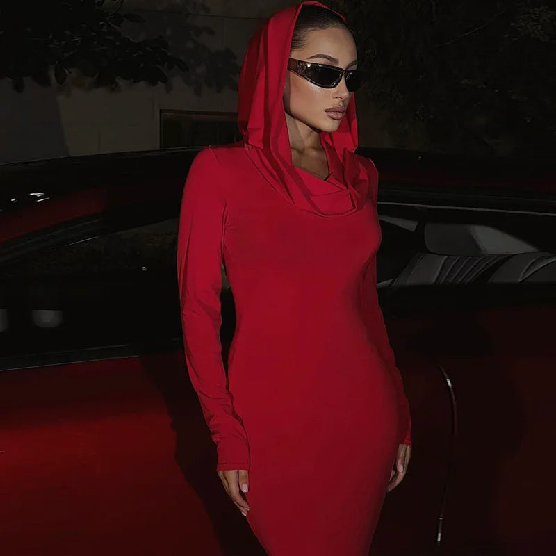 Hooded Solid Color Long-sleeved Slim Dress Autumn Winter Women's New Fashion Long Dress Elegant Party Dresses Платье Женское
