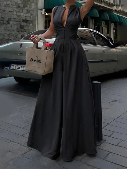 UOOZEE Summer Sleeveless Jumpsuits Women Solid Color V-Neck Zipper Loose Pockets High Waist Wide Leg One-piece Outfits 2025 New - Kimlud